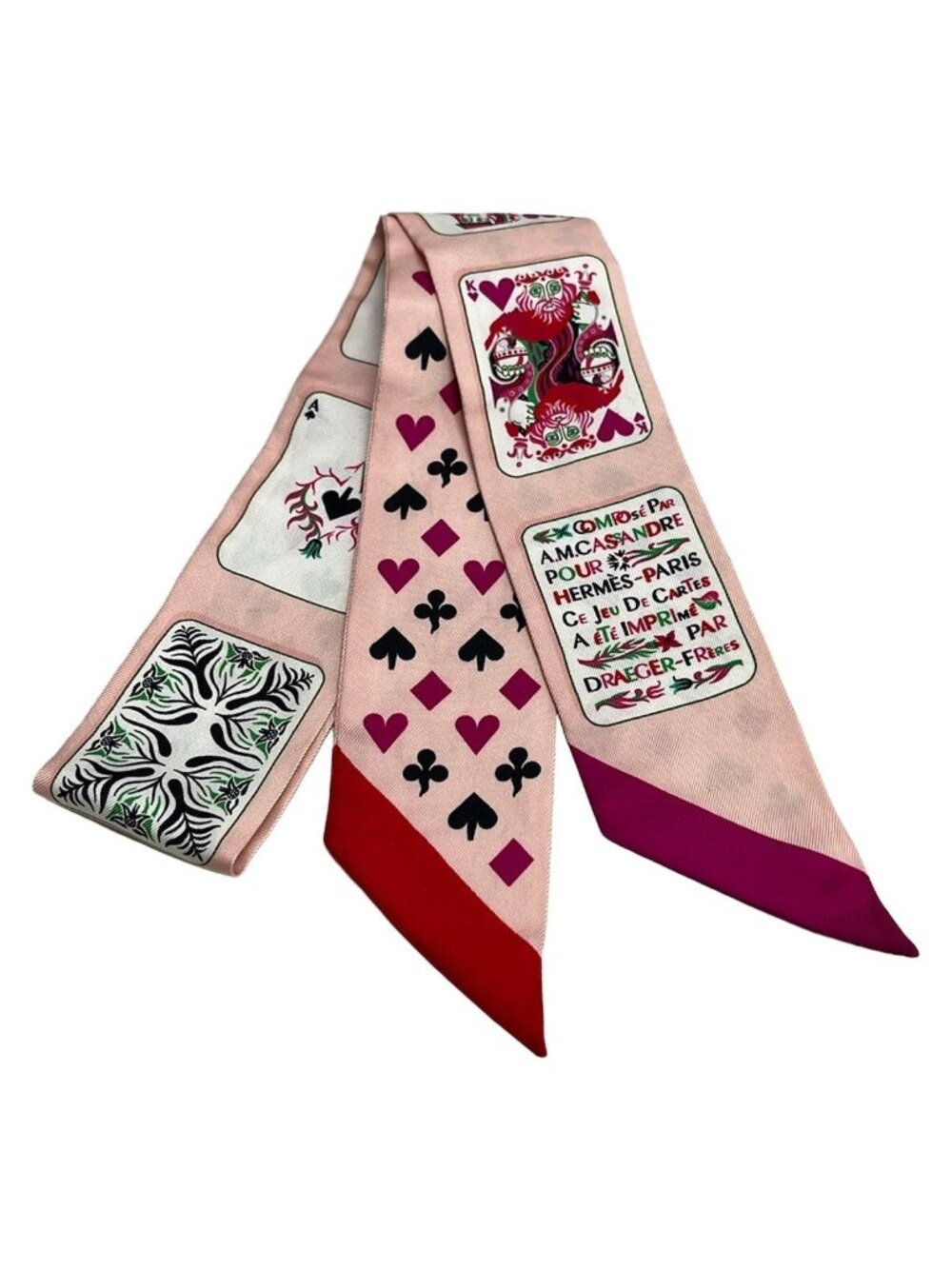 Hermes Scarf Twilly Light Pink Ivory Multi Ribbon Playing Cards Pattern